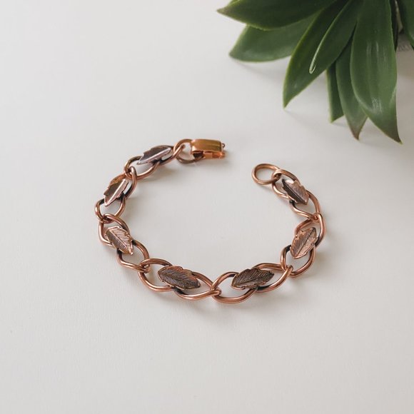 Vintage Copper Leaf Feather Southwest NativeStyle Boho Chain Link Bracelet - Picture 2 of 10